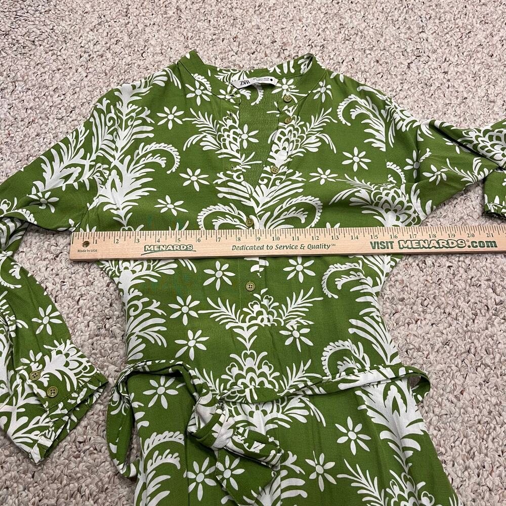 Zara Lilou Belted Floral Midi Dress Sz S Long Sleeve Tropical Vacation Feminine - Picture 5 of 8